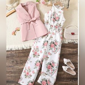 NEW! Girls Floral Jumpsuit and Belted Blazer Vest